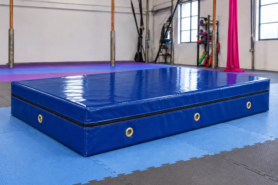 Colchoneta de seguridad 2x2 m de alto rebote premium en lona impermeable azul
